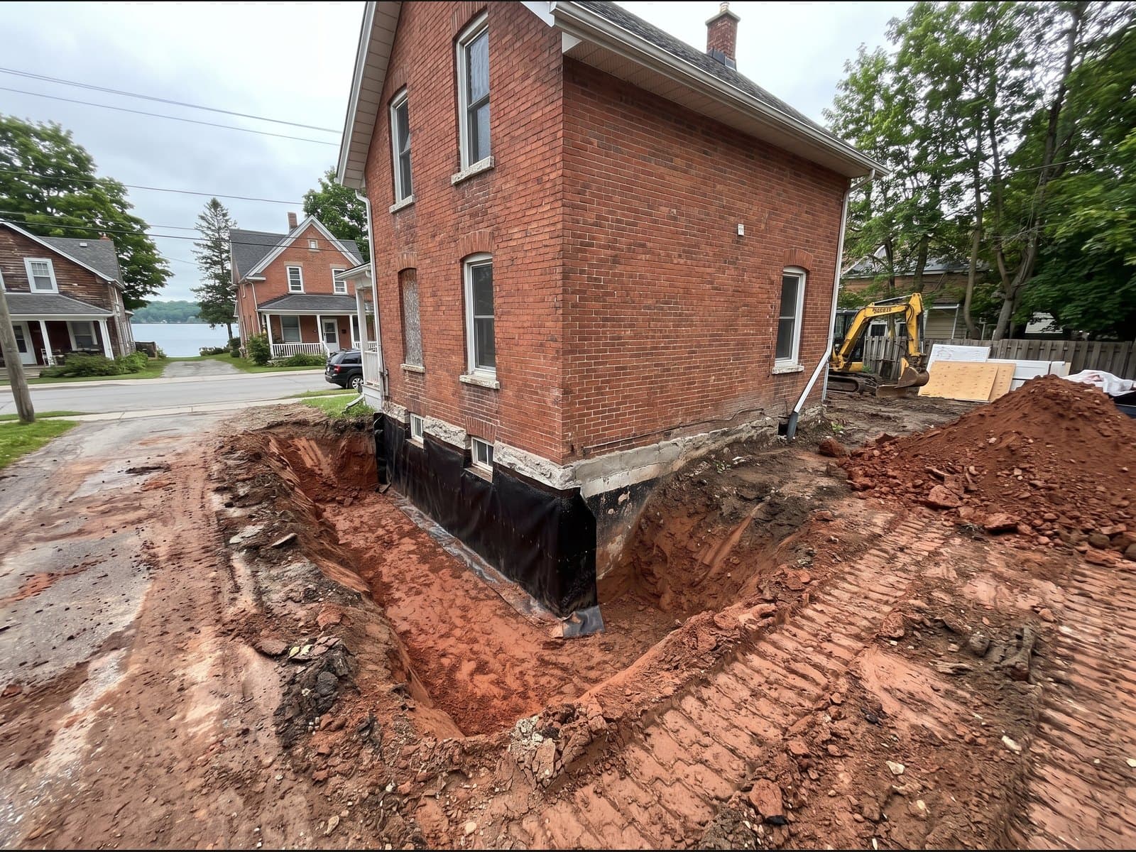 Exterior waterproofing excavation at an Orillia home